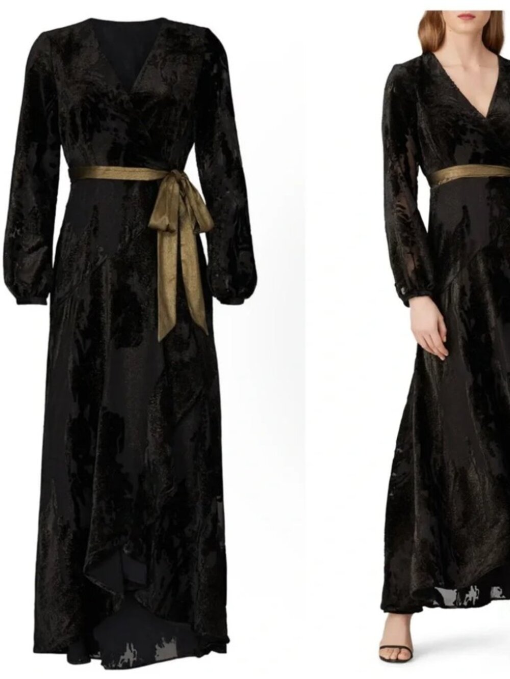 HUTCH Celine Gown Elegant Black Burnout Velvet Maxi Wrap Dress Party Wedding S
